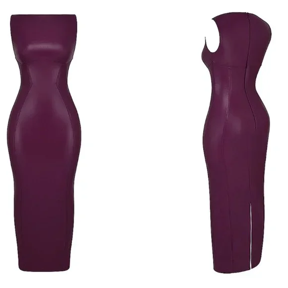 knee length dresses for ladies Elsa Wine Vegan Leather Trench Coat by Priceless main image 0